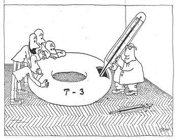 Boris Kadomtsev (1928-1998), qui succéda à Lev Artsimovitch à la tête de la recherche sur la fusion en Union soviétique était un grand physicien qui savait également dessiner. Il a « croqué » les membres de l'équipe britannique (Harry Jones, Nicol Peacock, Mike Forrest, Derek Robinson et Peter Wilcock) affairés à la mesure de la température du plasma dans le tokamak T-3. (Click to view larger version...)